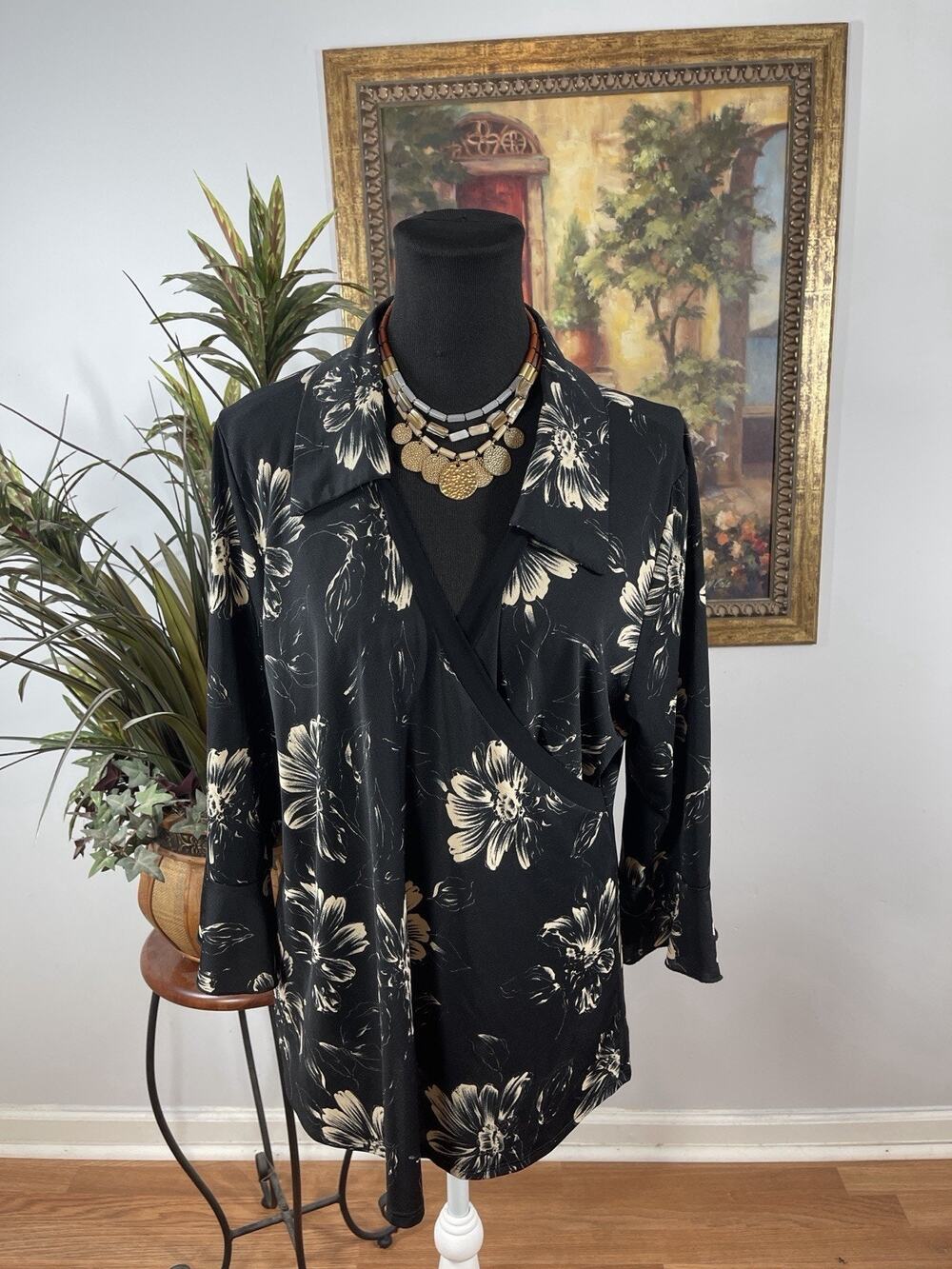 Marianne Floral Wrap Blouse Black Beige Long Sleeve Stretch Top Women 2XL Fairy
